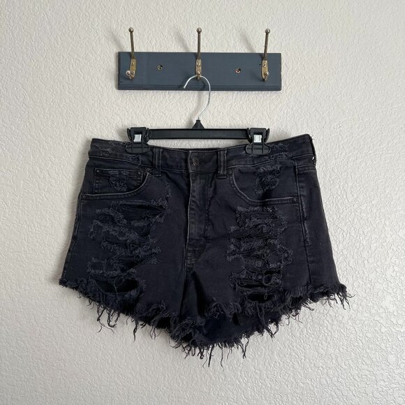 American Eagle Black Distressed Vintage Hi-Rise Festival Shorts Women 8 Stretch! - Picture 1 of 8